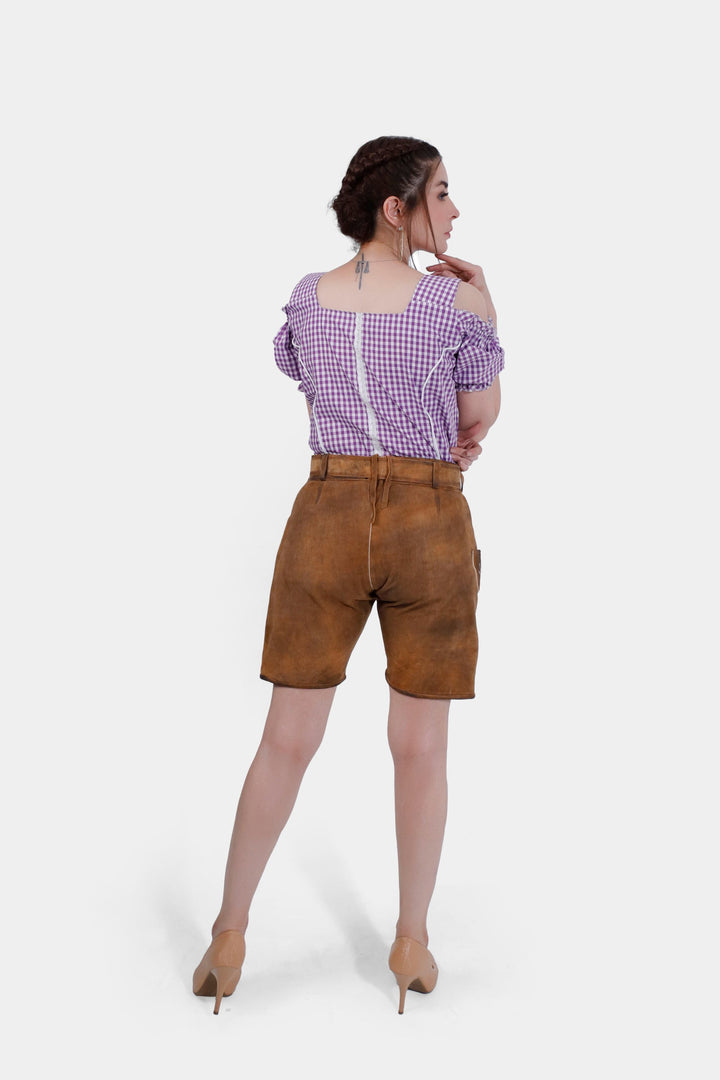 Rear view of Angelina Lederhosen highlighting the adjustable waistband and the back design of the lederhosen shorts.