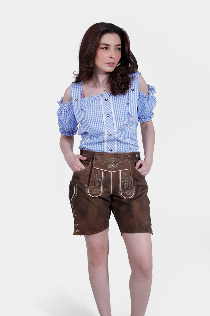 Front view of the Elsa Lederhosen, highlighting the beautiful craftsmanship and detailing.