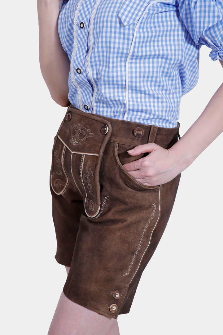 Side view of the Elsa Lederhosen, showing the side pocket and button details.