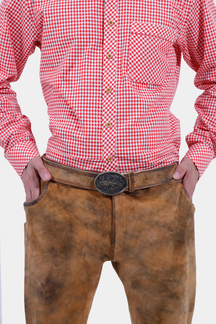 Close-up view of Eltz Bundhosen with red check shirt and old buckle belt highlighting the craftsmanship against a white background.