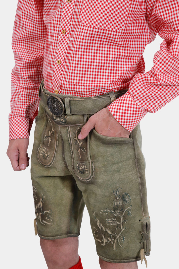 Side view of the Heidelberg Lederhosen, focusing on the knife pocket and detailed embroidery on the legs.