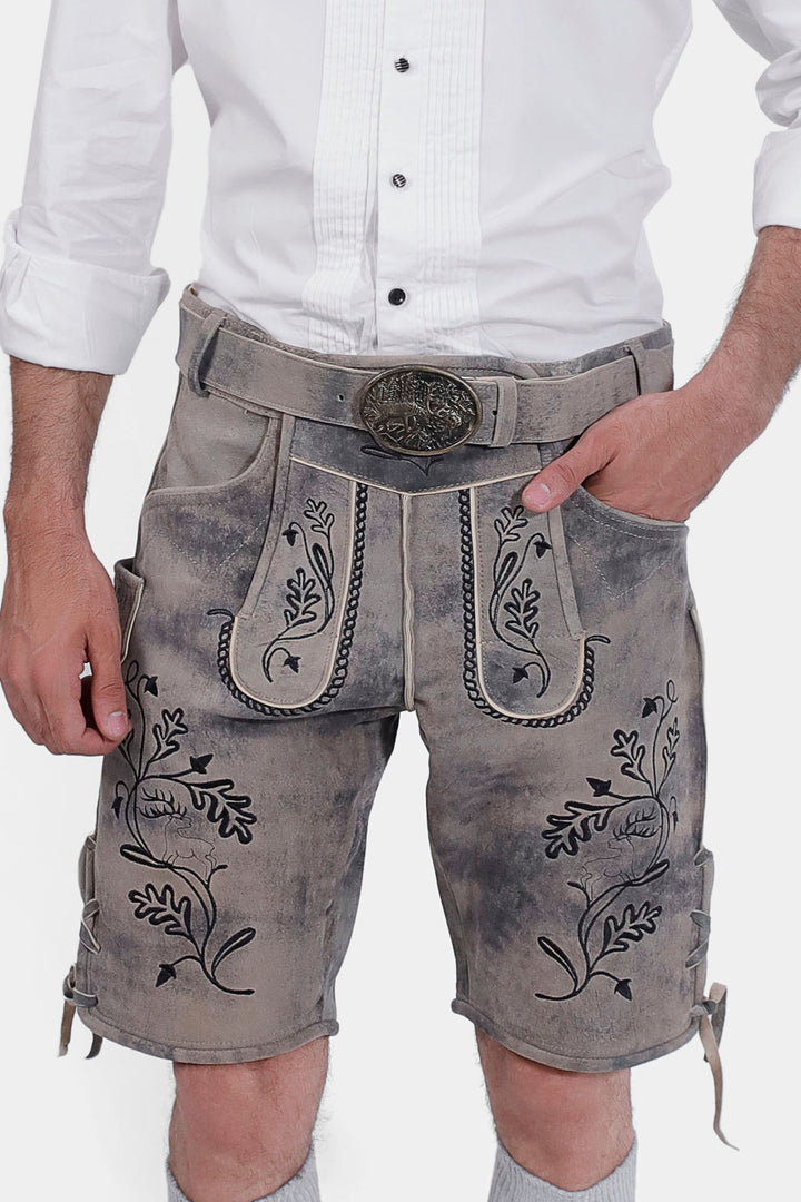 closed view of a man wearing Hofburg Lederhosen