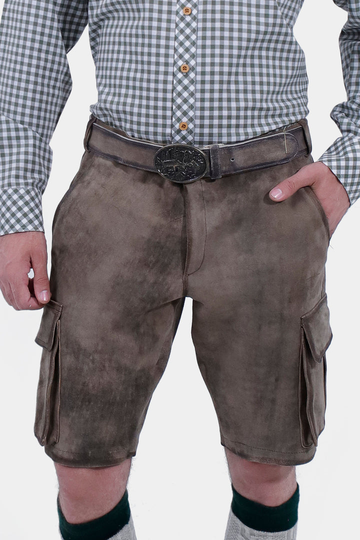 closed view of a man wearing Klimt Cargo Lederhosen