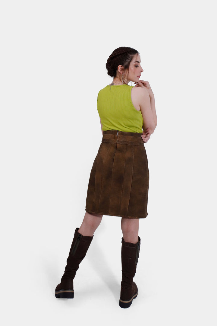 Rear view of the Leni Lederhosen Skirt in Rustic Oak, illustrating the back zipper and clean lines of the design