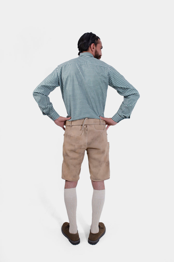 Rear view of the Luther Lederhosen, emphasizing the adjustable waistband and back pocket.