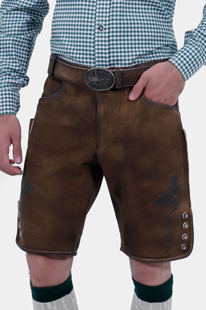 closed view of a man wearing Mahler Lederhosen