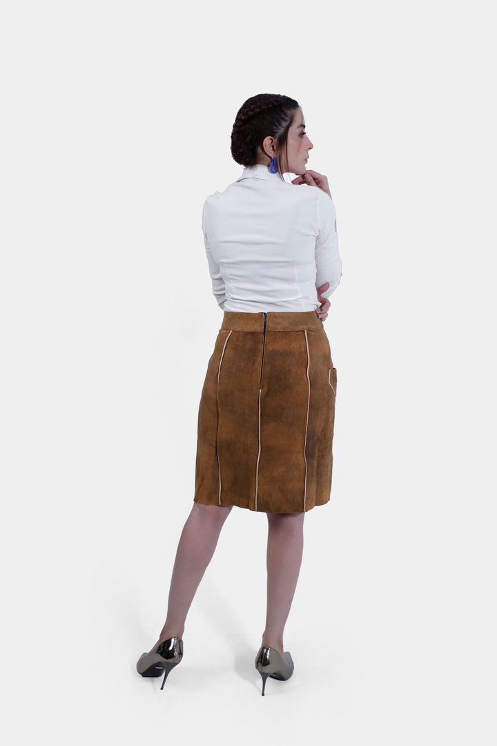 Back view of the Marianna Lederhosen Skirt, showing the leather material and the skirt's structure.