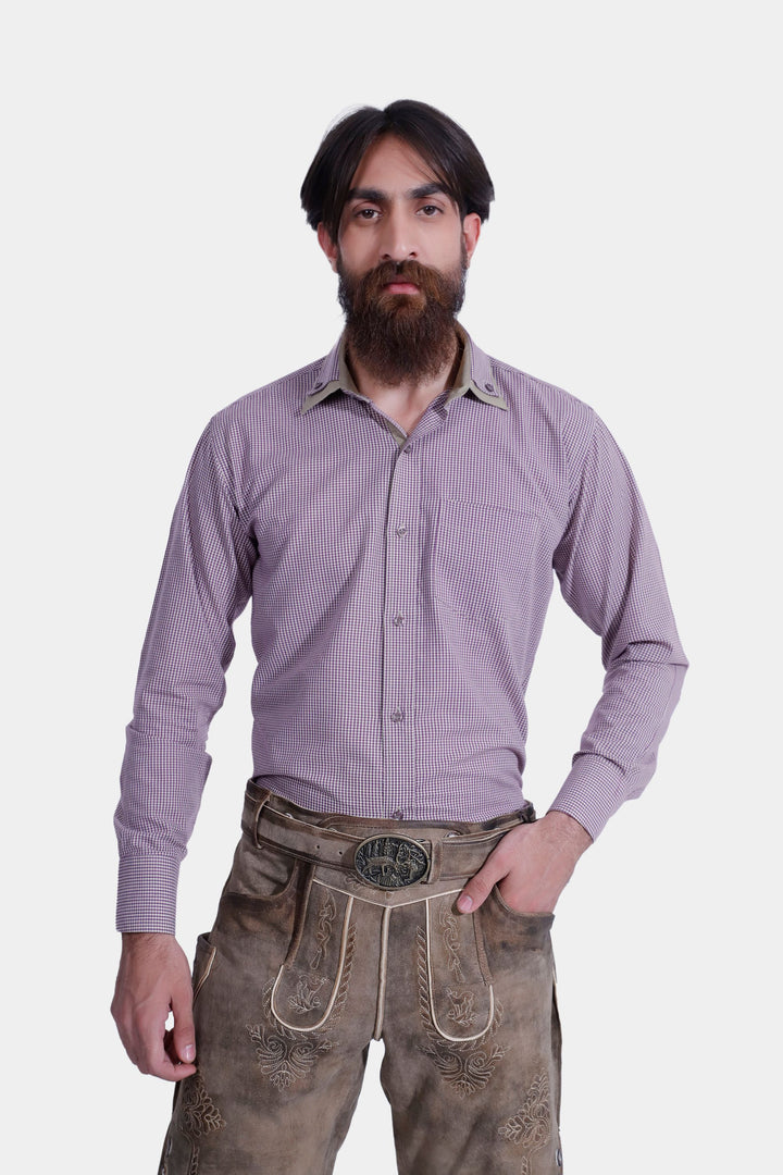 Man wearing Raphael Lederhosen with checkered dress shirt and front view