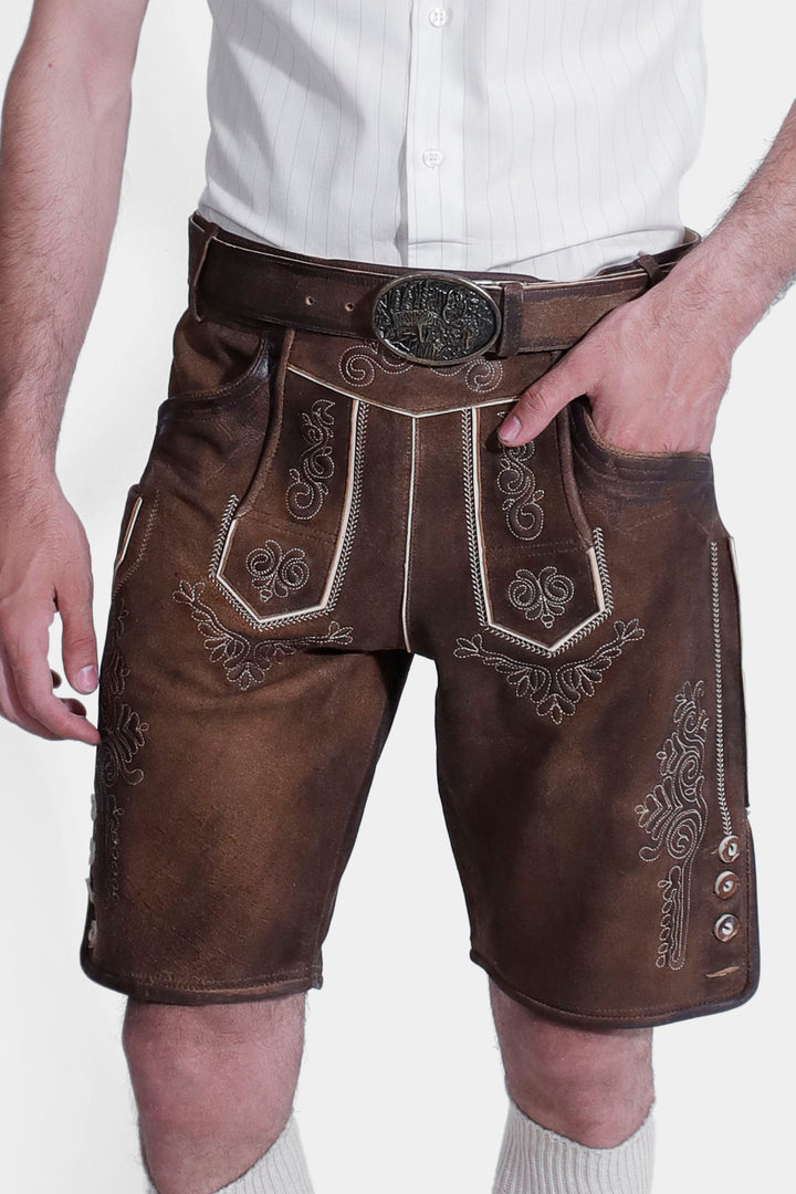 closed view of a man wearing Richard Strauss Lederhosen