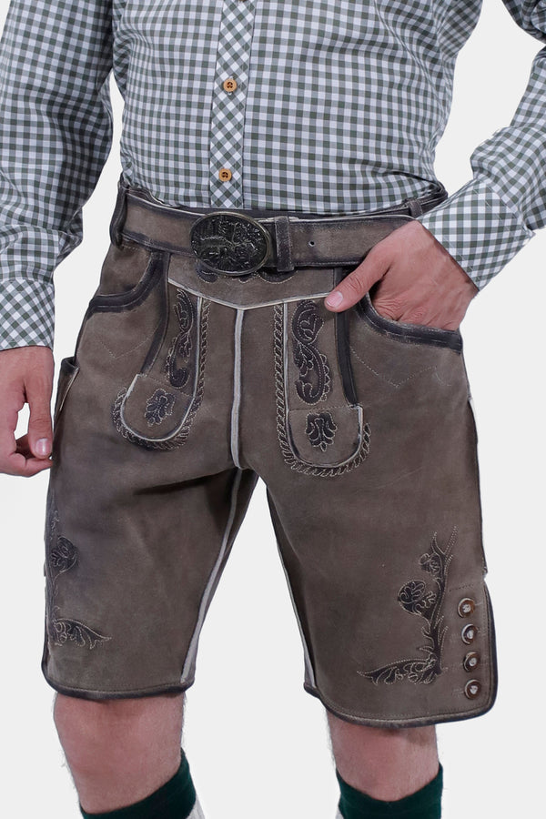 closed view of a man wearing Salzburg Fortress Lederhosen