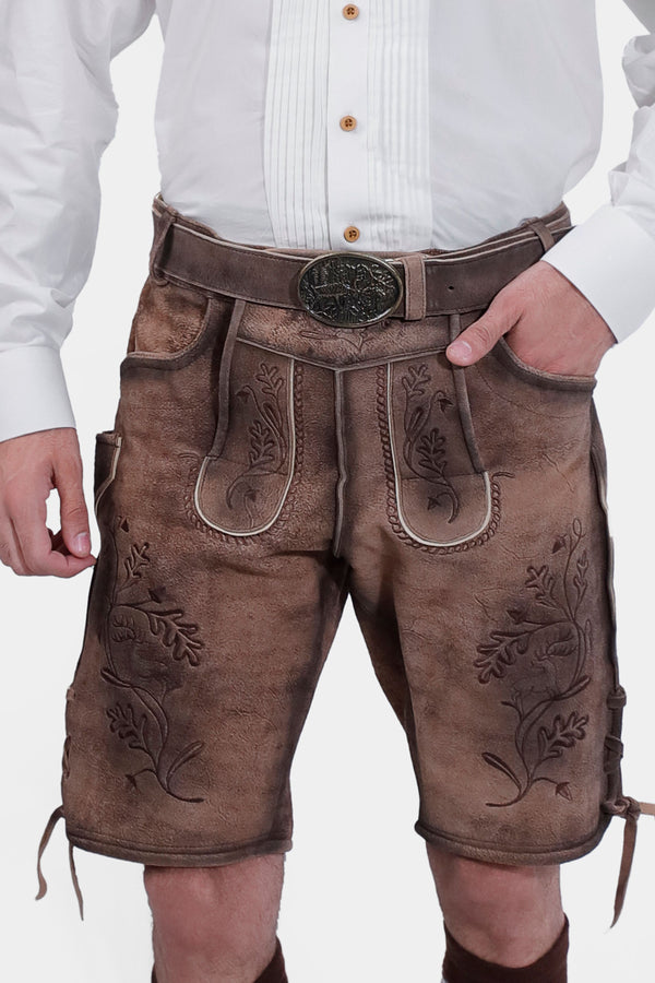 closed view of a man wearing Stauffen Lederhosen