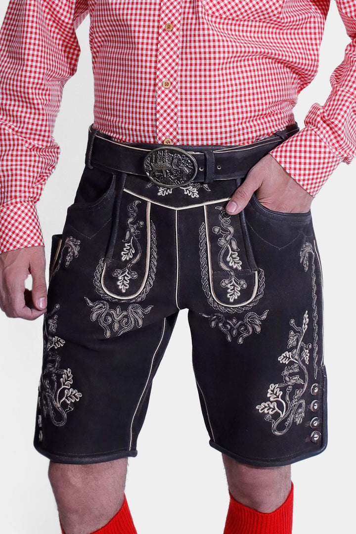 closed view of a man wearing Steuben Lederhosen