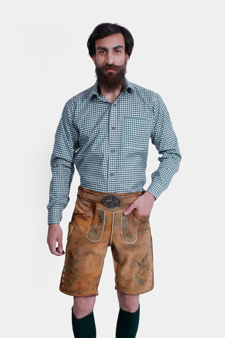 Man seen from behind, highlighting the Titisee Lederhosen's detailed embroidery and fit.