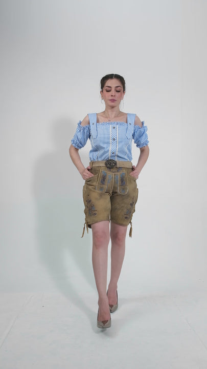 Video showcasing Helene Lederhosen: Luxurious goat suede leather shorts in Brownish Beige with intricate embroidery and stylish details.