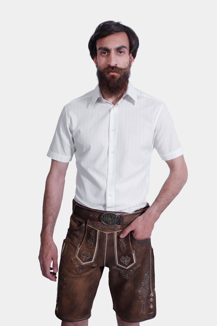 Model in "Richard Strauss Lederhosen" paired with a matching belt